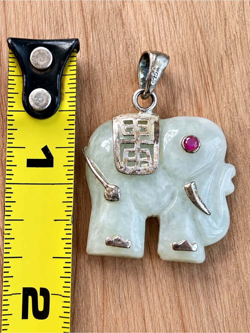 Jade-Style Elephant Pendant 925 Sterling Silver Red Stone Accent Vintage Boho